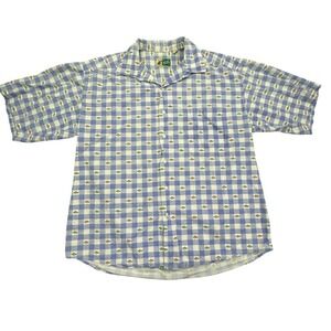 Johnny Cotton Shirt Men M Blue White Plaid Fly Fish Trout Print Button Up VTG